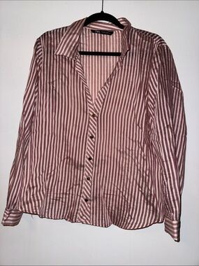 Zara Sheer Pink and White Vertical Stripe Button-Down Shirt
